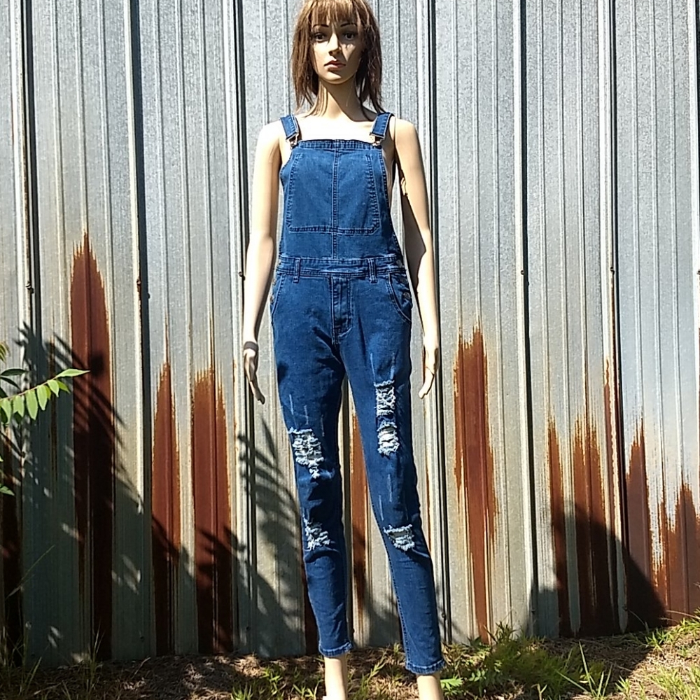 Skinny distressed denim overalls size S